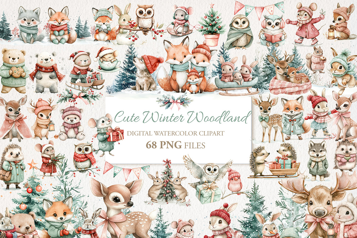 Cute Winter Woodland Clipart 68 PNG, a Seasonal Illustration by EleSArtDesign (Photo 1 of 4)