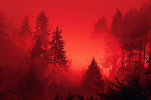 Dramatic pine forest silhouetted in deep red mist, creating an a, an Animal Photo by Ales Munt