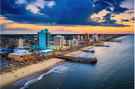 Vibrant coastal cityscape at sunset, a Nature Photo by Ylivdesign