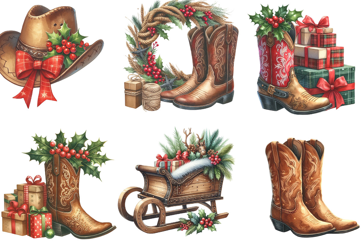Watercolor Western Christmas Clipart, an Illustration by CraftArtStudio (Photo 3 of 6)
