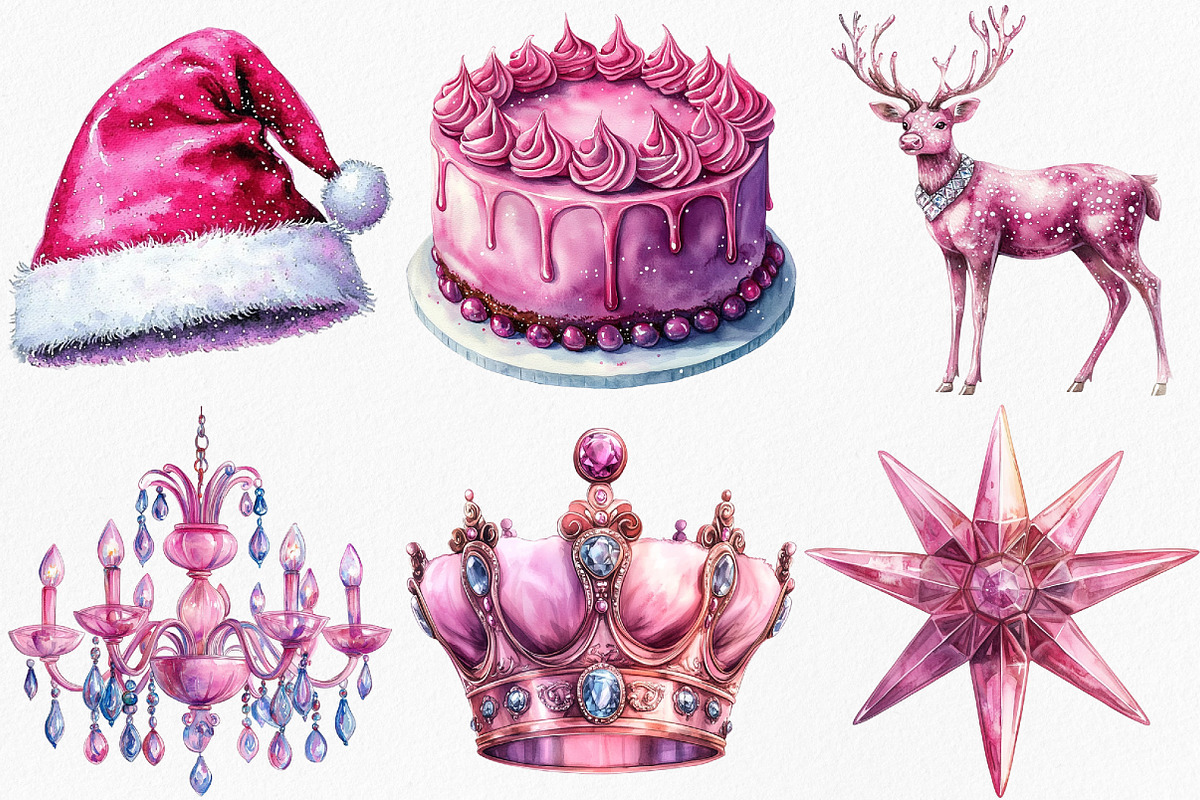 Watercolor Pink Christmas Clipart, an Illustration by Canvas Craft (Photo 2 of 7)