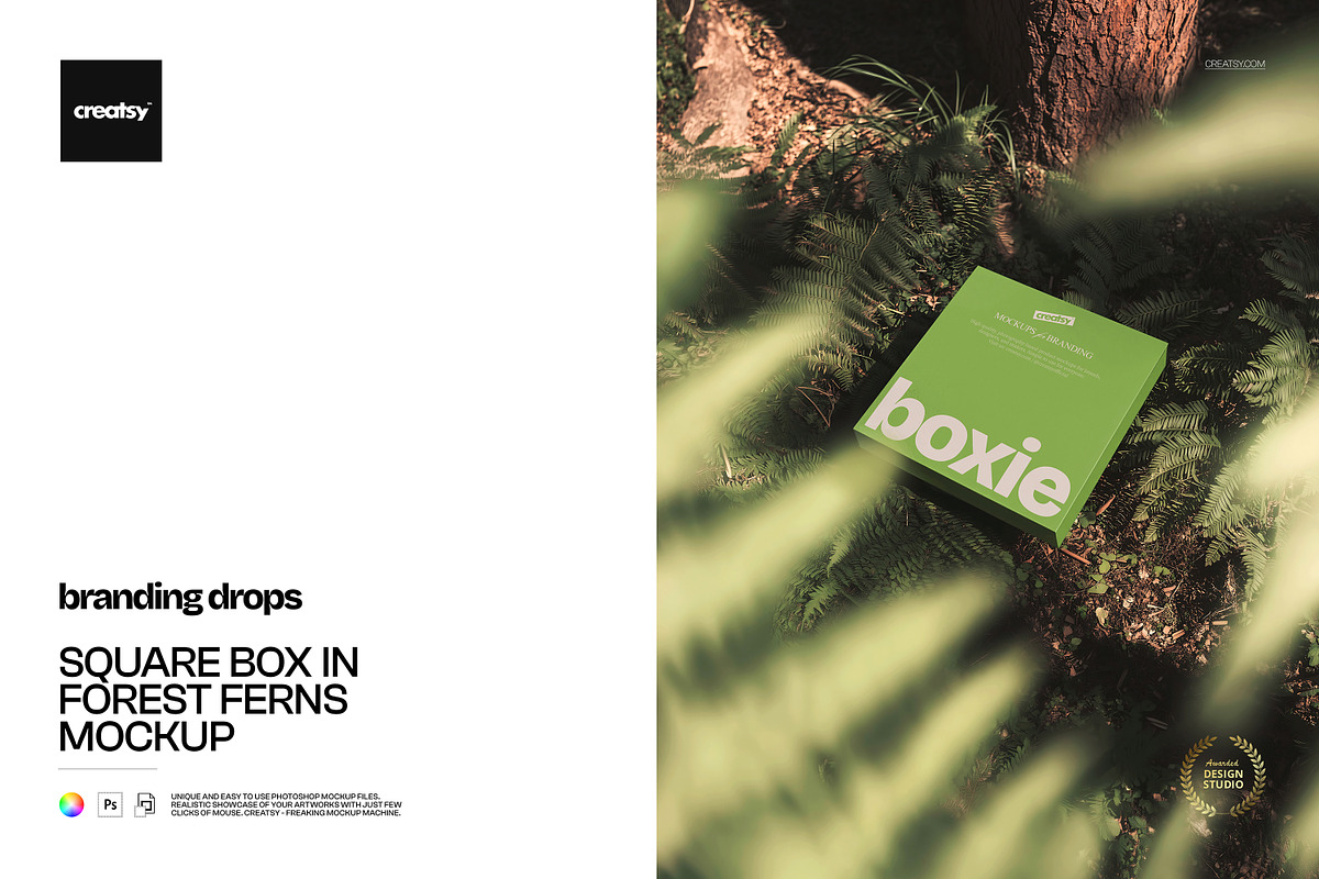 Square Box in Forest Ferns Mockup, a Packaging Mockup by creatsy5