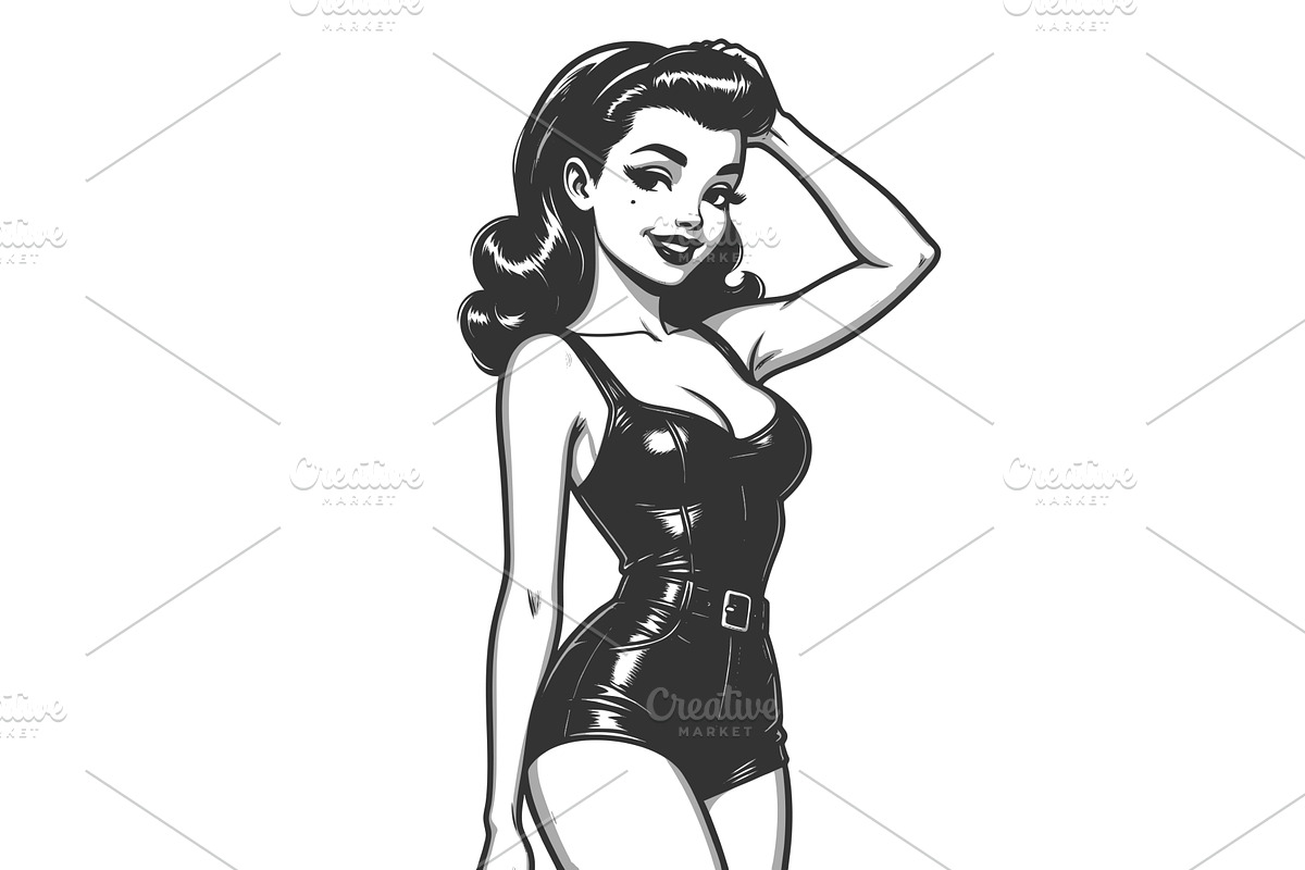 woman in black latex dress engraving, a Person Illustration by AlexArt