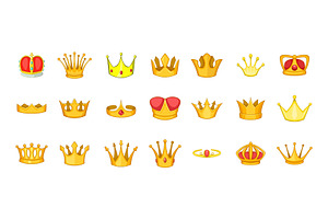 Crown Icon Set, Cartoon Style