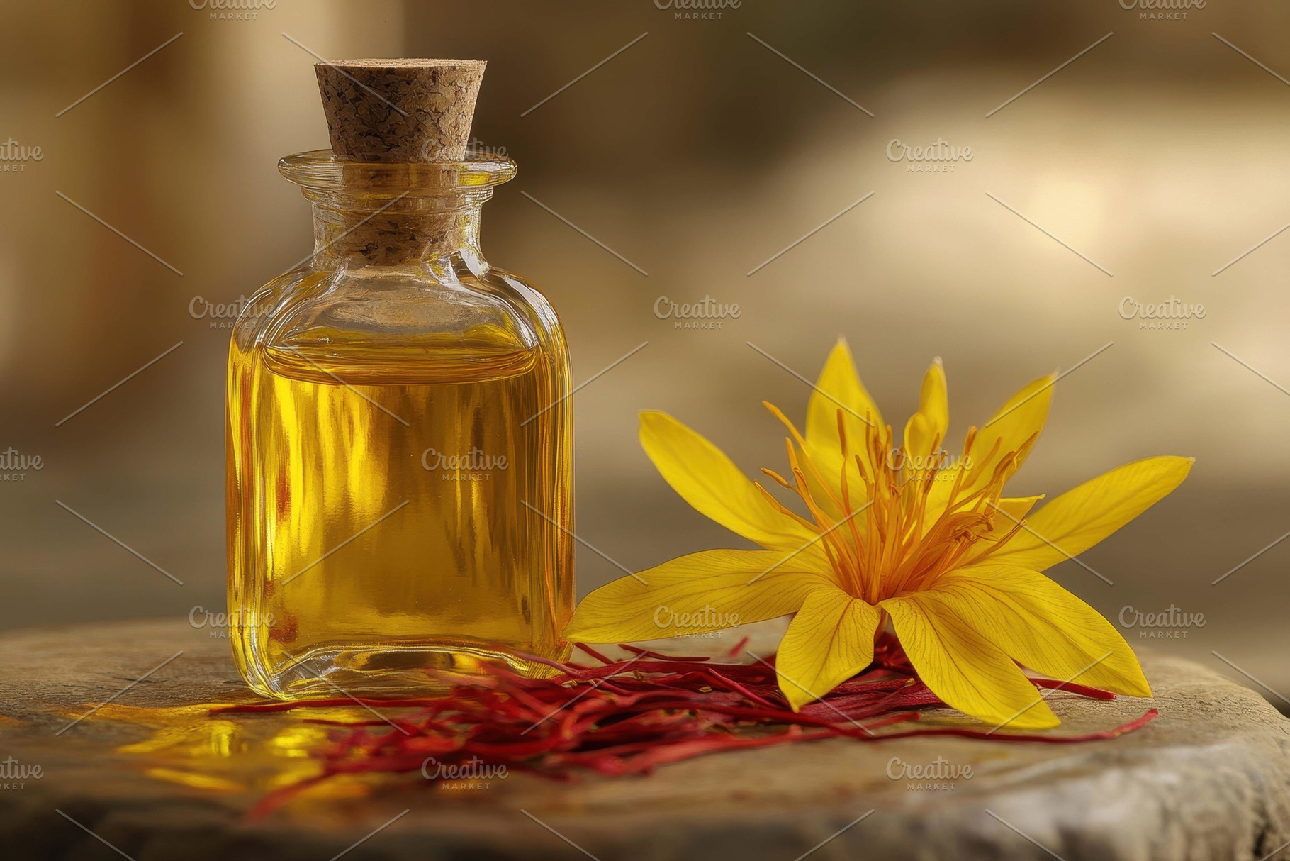 Saffron oil in a glass bottle beside, a Photo by Tanuart