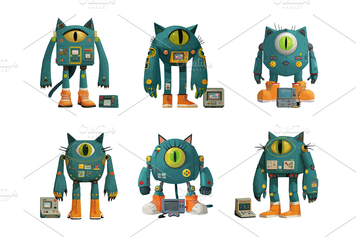 Cyberpunk kitty cartoon vector set, an Animal Illustration by Onyx