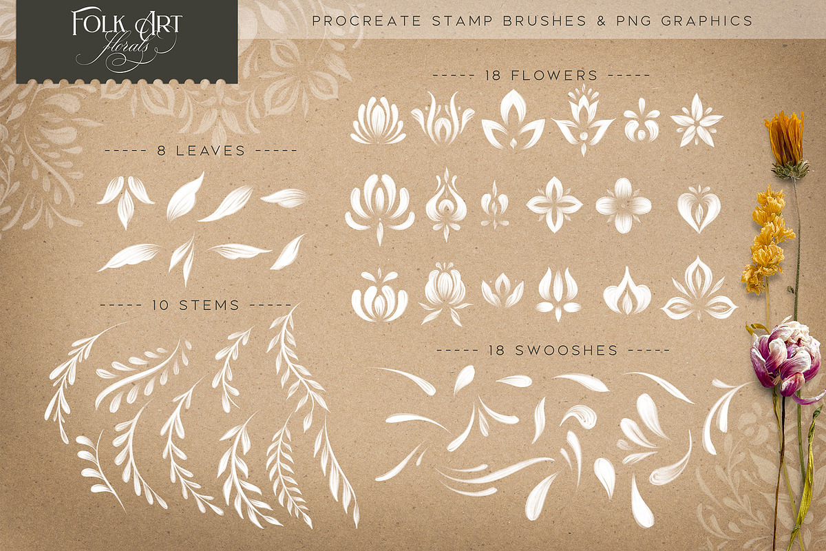 Folk Art Floral Procreate Brush Kit, a Brush Add-On by Eclectic Anthology