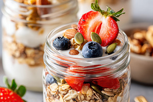 Layered yogurt parfait with fruits and granola, a Food & Drink Photo by AlyaAnd