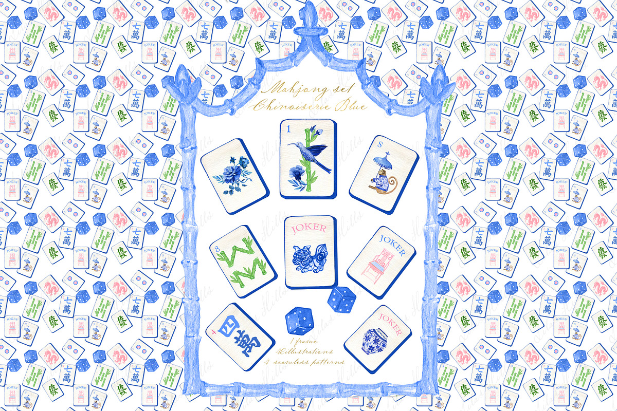 Mahjong Set Chinoiserie Blue, a Graphic by LABFcreations (Photo 2 of 4)