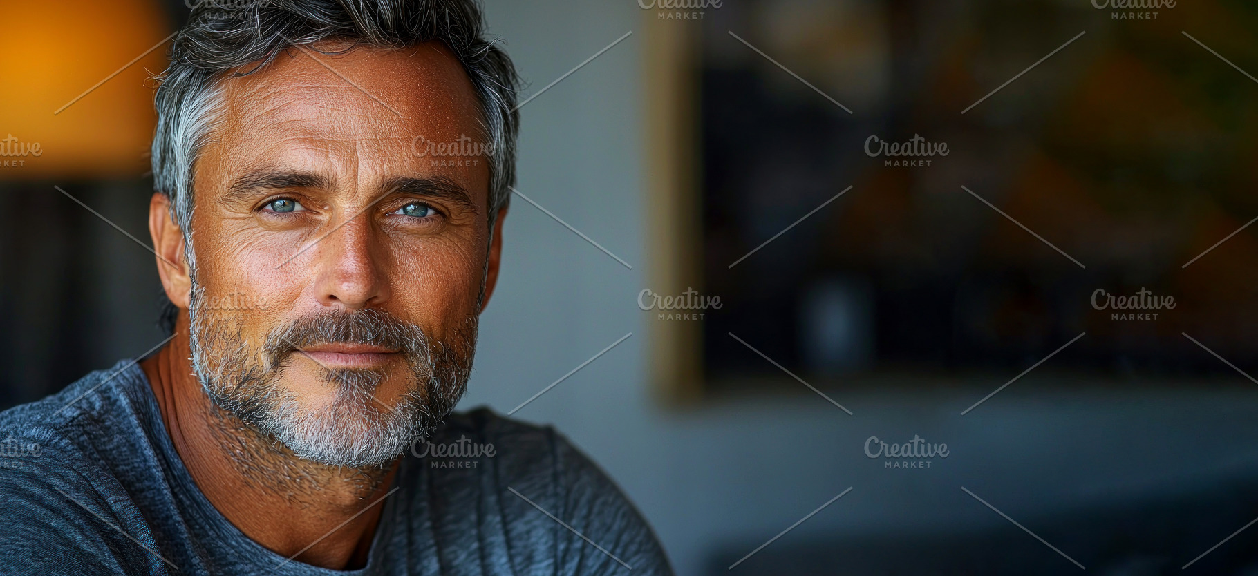 Mature man with gray hair and beard wearing casual shirt looking, a Person Photo by José Manuel Gelpi