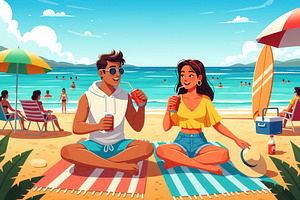 young couple having drinks on a summ, a Holiday Photo by angellodeco