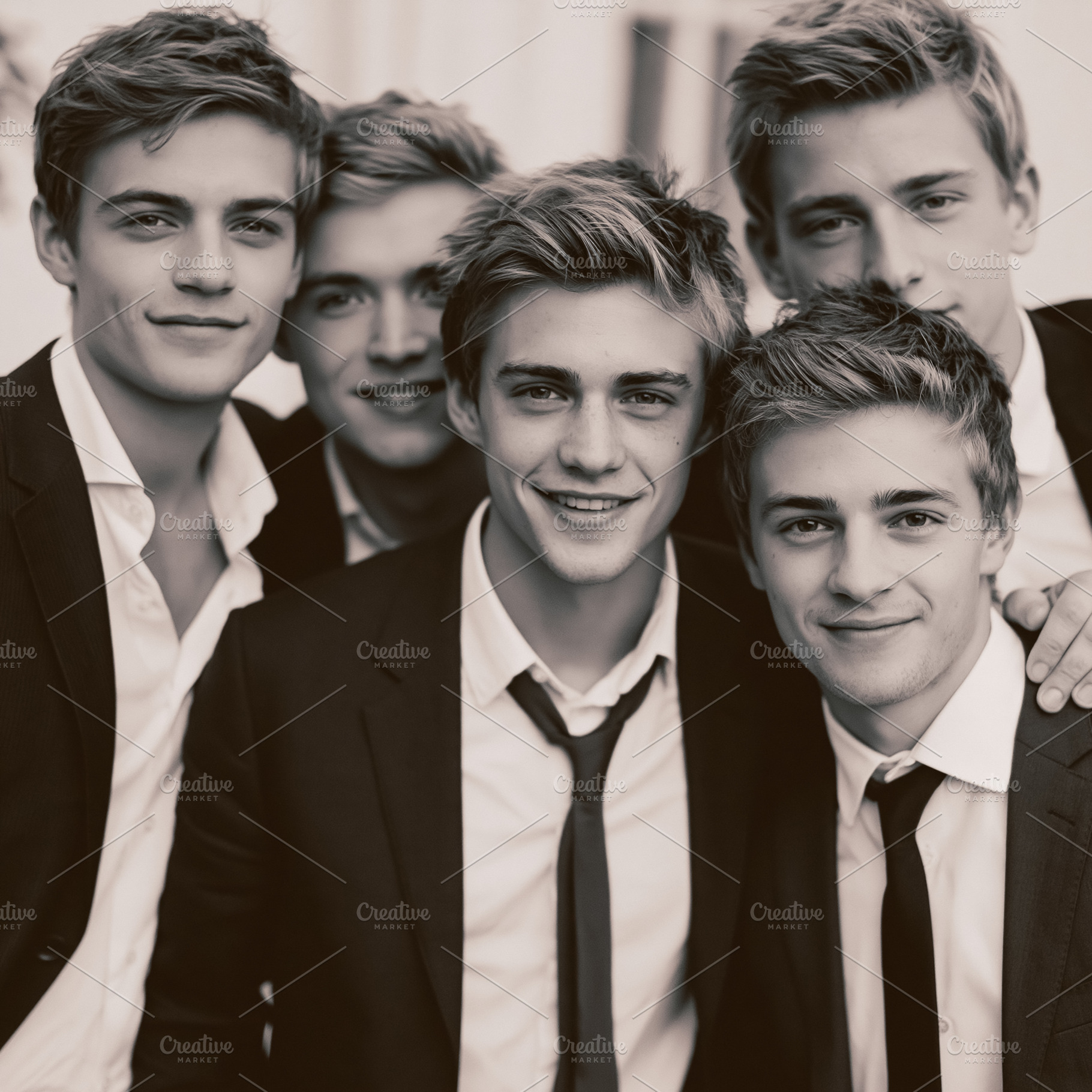 Group portrait of handsome young men in suits, smiling and stand, a Person Photo by Studio ANNA