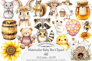 Watercolor Baby Bee Clipart, a Seasonal Illustration by Design Market