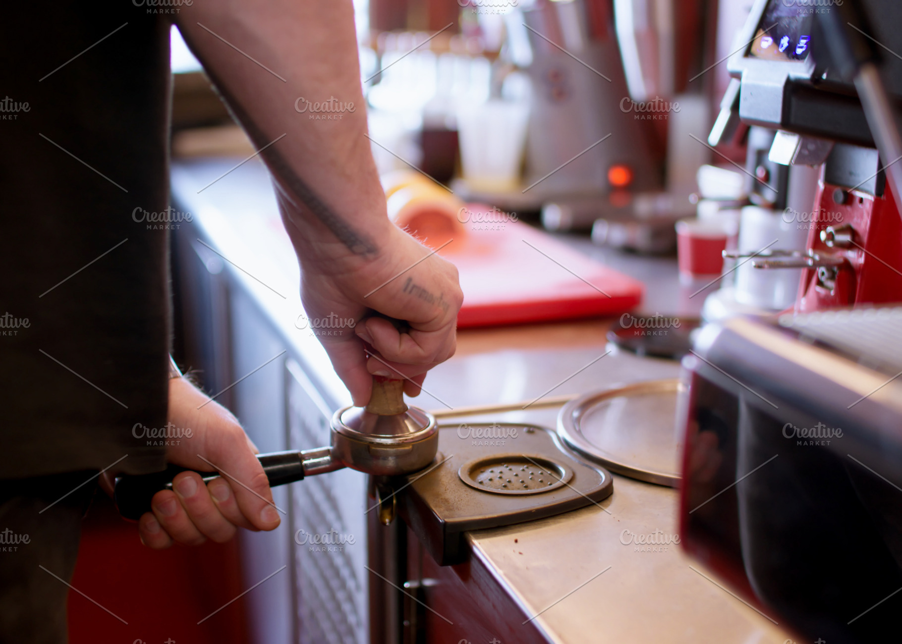 Making caffeine drink tamping coffee barista hand, a Person Photo by Photo Drive Studio
