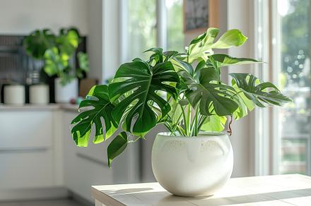 Monstera plant in pot standing on table in modern living room, a Nature Photo by AlyaAnd