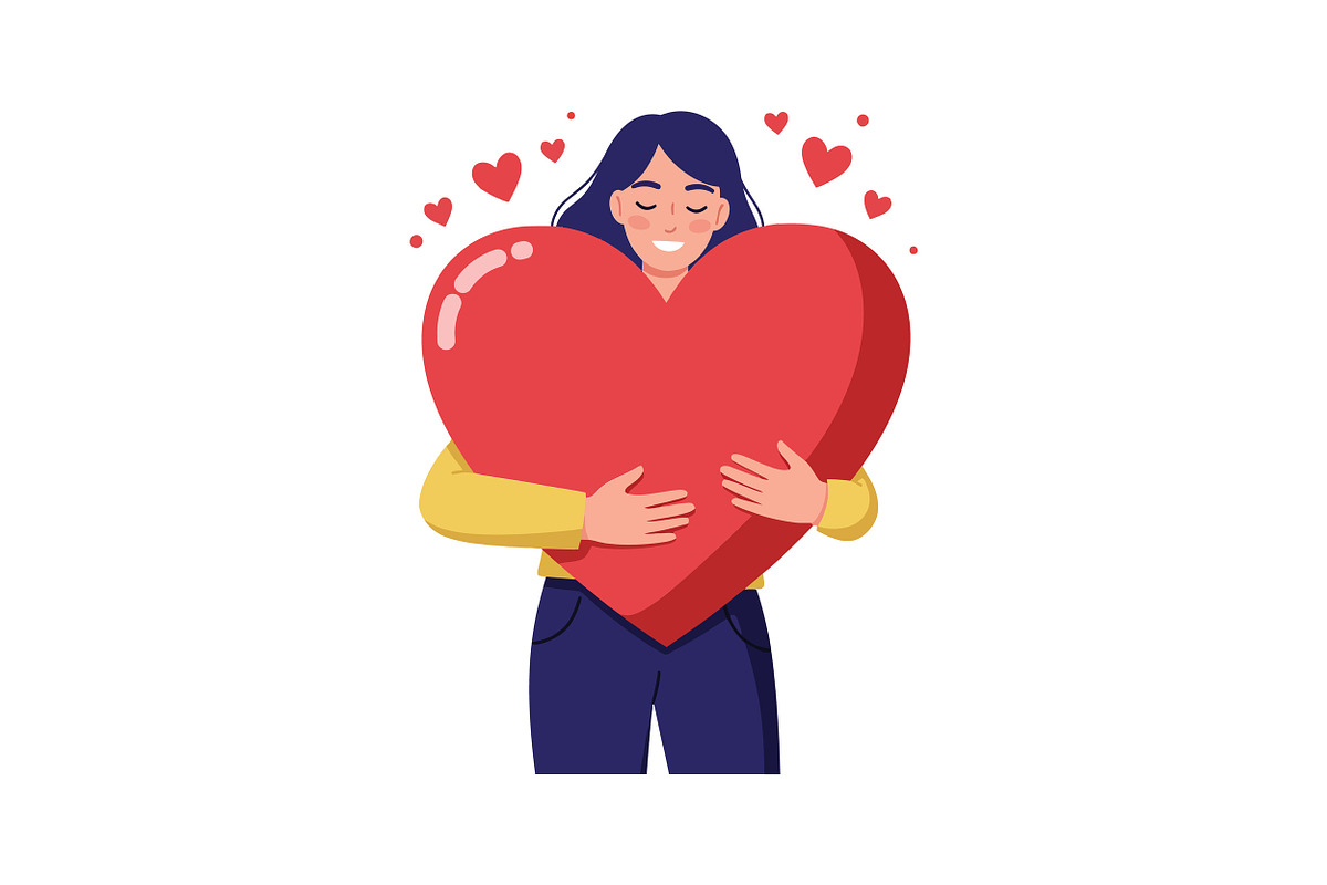 A woman joyfully embracing a large r, an Illustration by designvectx