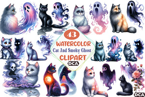 Halloween Cat And Smoky Ghost Clipar, an Illustration by DreamCafeArt