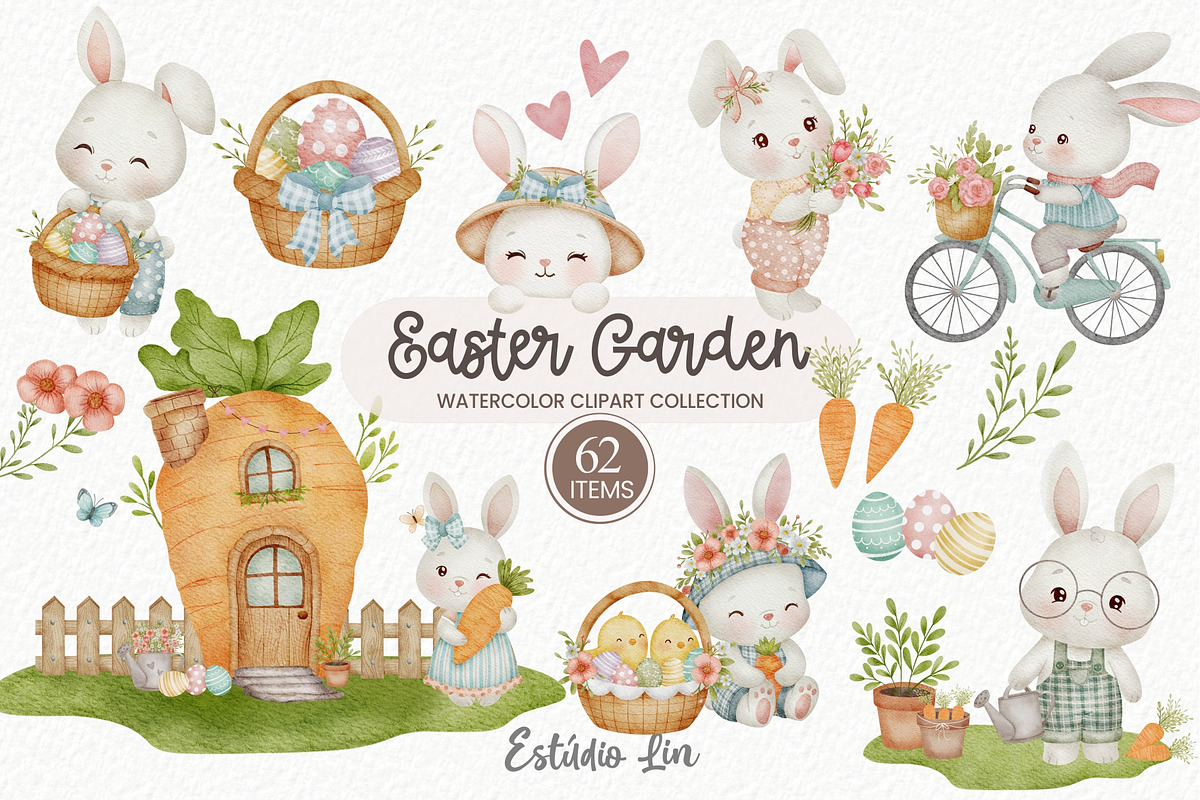Easter garden Watercolor Clipart, an Illustration by Estúdio Lin (Photo 1 of 7)