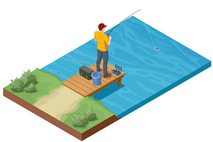 Isometric man is fishing by the, a Person Illustration by Golden Sikorka