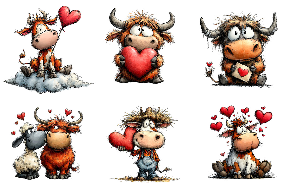 Quirky Valentine Highland Cow Clipar, an Illustration by CreationArt (Photo 2 of 5)