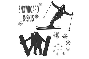 Snowboard and skies