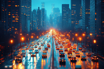Evening traffic flows through a bust, a Photo by Tanuart