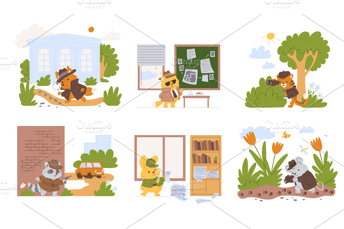 A vector set of animal detectives, an Animal Illustration by Sabelskaya