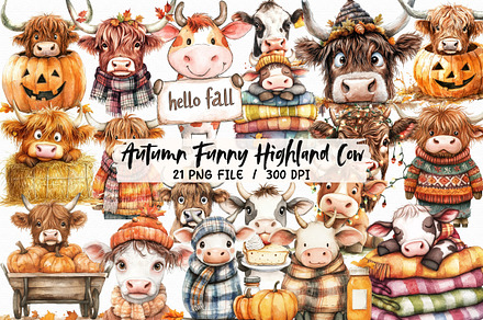 Autumn Funny Highland Cow Clipart, an Illustration by Libby Wishes