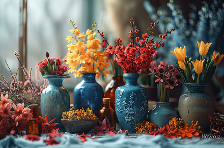 Still life with spring flowers in blue vases on the windowsill, a Photo by AS photostudio