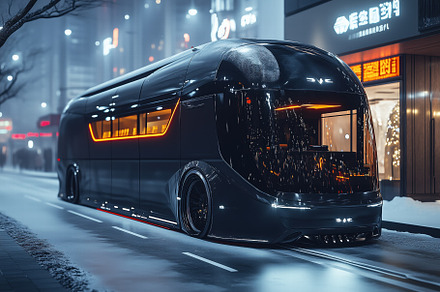 A futuristic black bus with sleek design and glowing orange accents parked on a, a Transportation Photo by Textures & Backgrounds