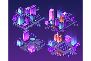 Isometric neon city set of violet, an Object Illustration by AlexZeL