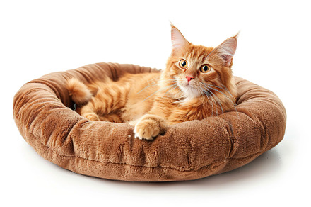 Cute red cat lying on soft dog bed on white background, an Animal Photo by AlyaAnd
