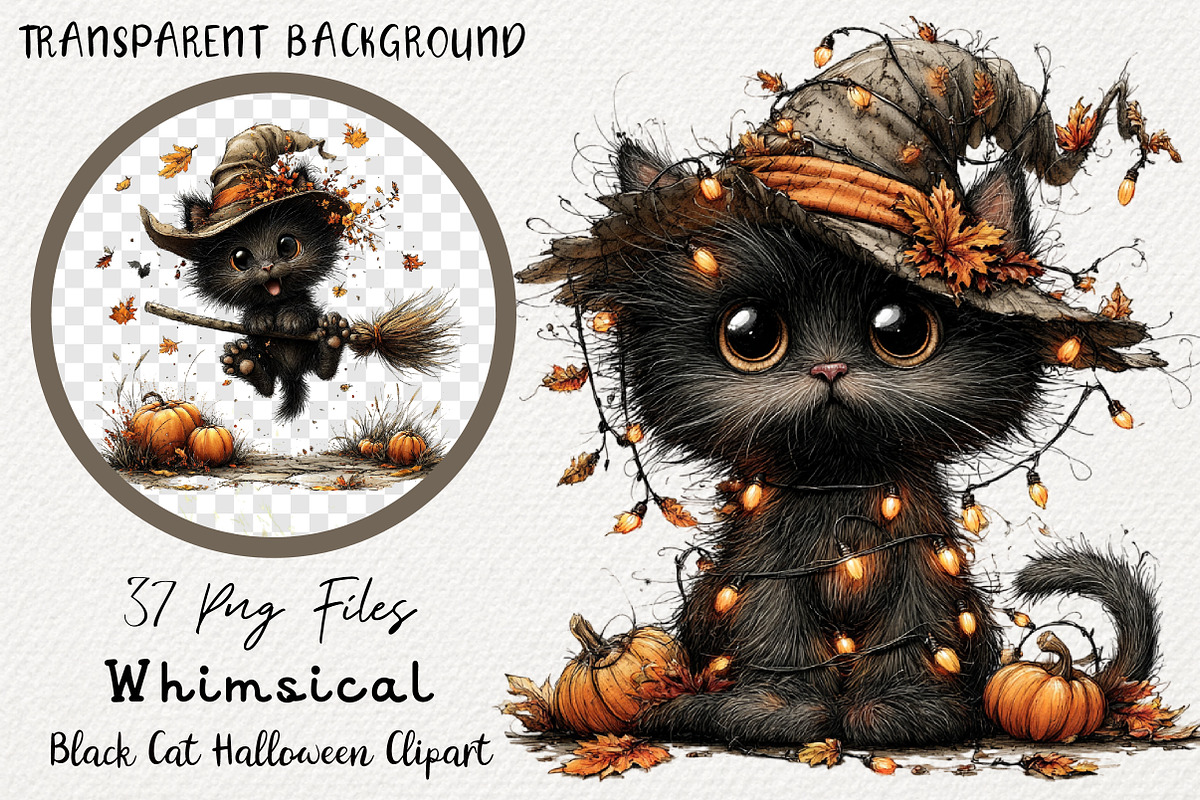 Whimsical Black Cat Halloween PNG, a Transportation Illustration by Digital Artistic99 (Photo 1 of 7)