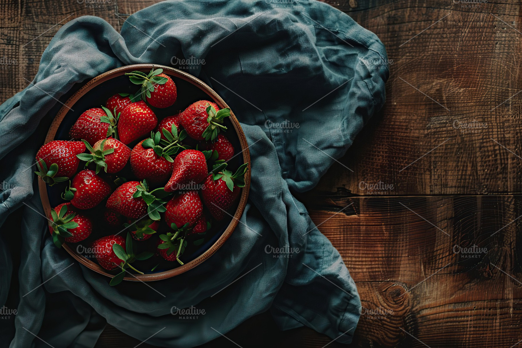 Flat lay of red strawberries in bowl with napkin on wooden table, a Food & Drink Photo by AlyaAnd