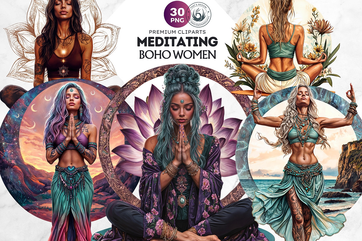 Boho woman meditating Clipart set, a Person Illustration by ThatsDesignArt (Photo 1 of 10)