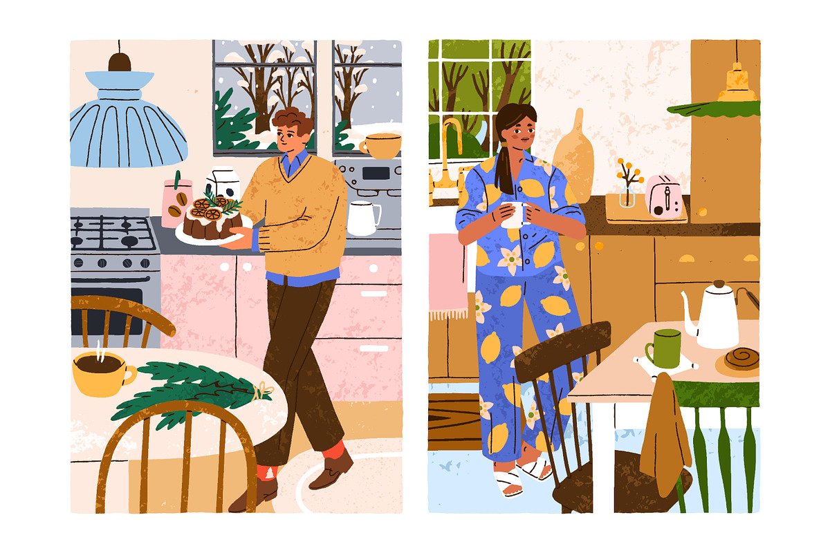 People in cozy home kitchen cards, a Person Illustration by Good Studio (Photo 3 of 5)