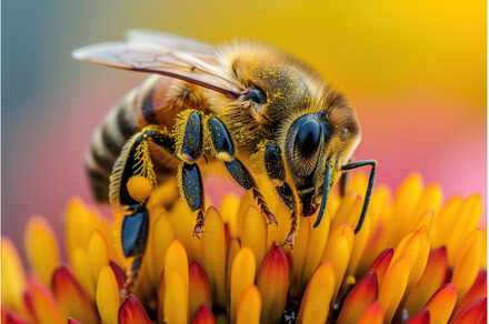 Bee macro flower pollen. Generate Ai, an Animal Photo by Ylivdesign