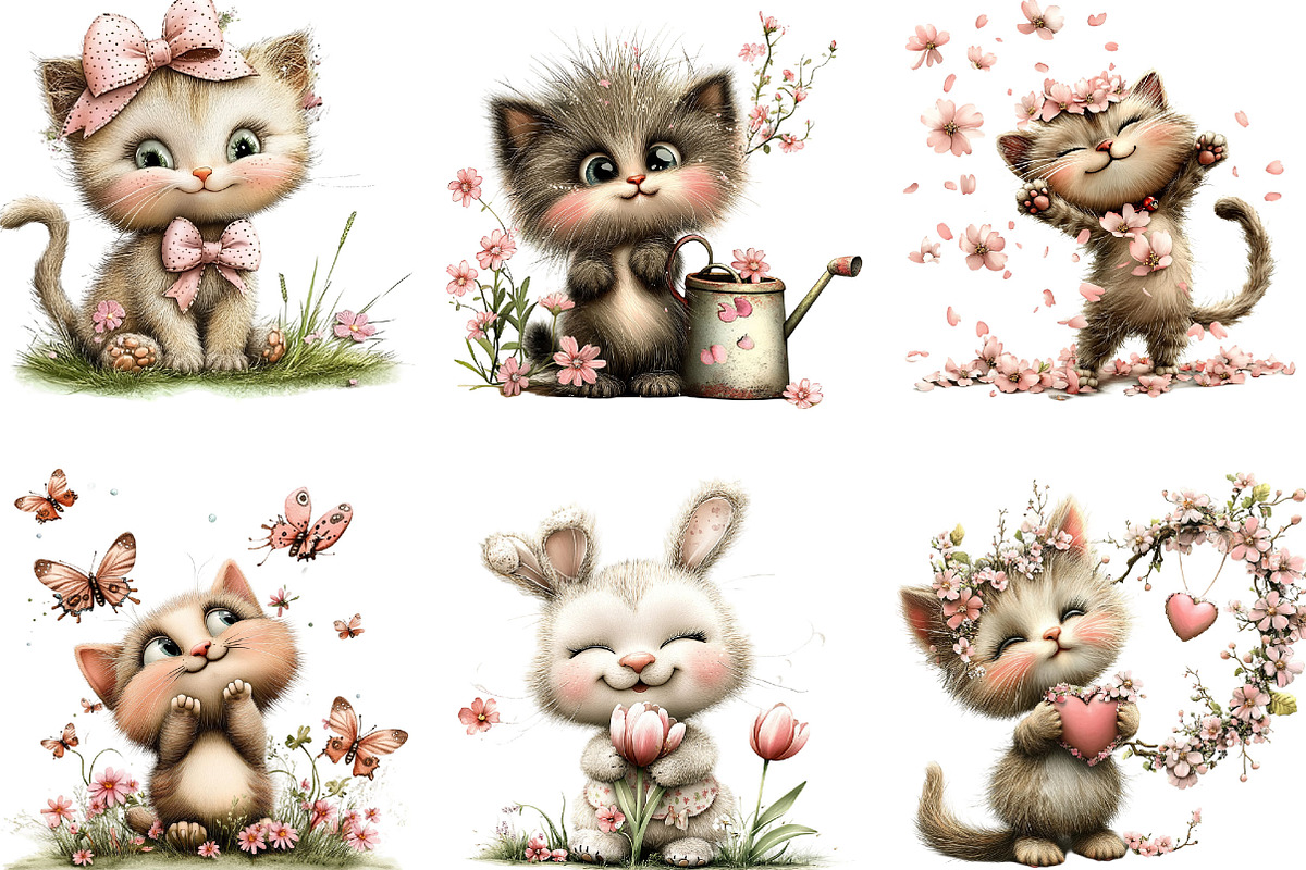 Whimsical Spring Cat Clipart, an Illustration by Designking (Photo 3 of 5)