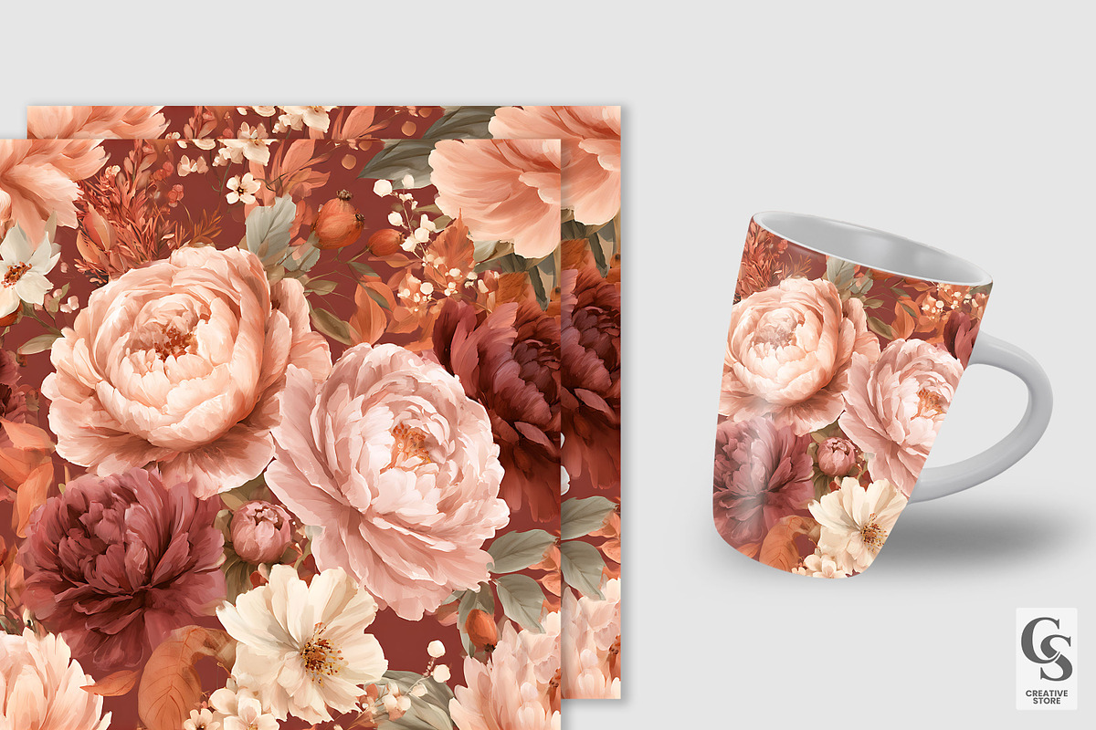 Romantic Autumn Peony Flowers Paper, a Pattern Graphic by Creative Store (Photo 3 of 5)