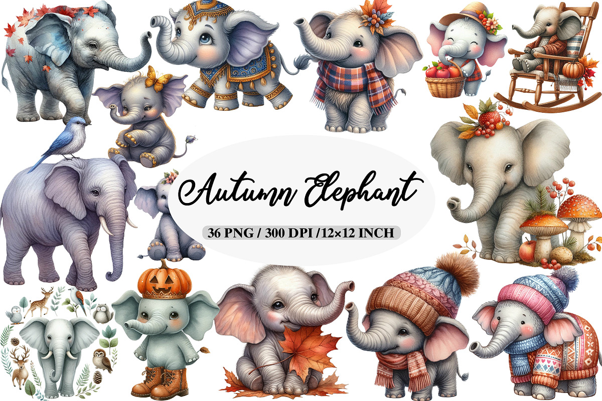 Watercolor Autumn Elephant Clipart, an Illustration by Daily.Designs (Photo 1 of 5)