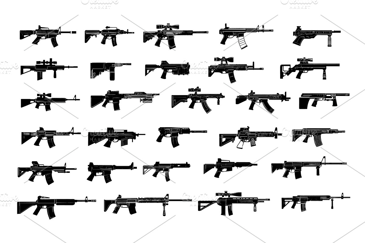 Assault rifles black ink vector set, an Illustration by Onyx