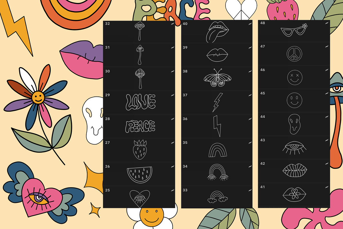 56 Groovy retro Procreate stamps, a Brush Add-On by Veronika Gotovceva (Photo 3 of 4)
