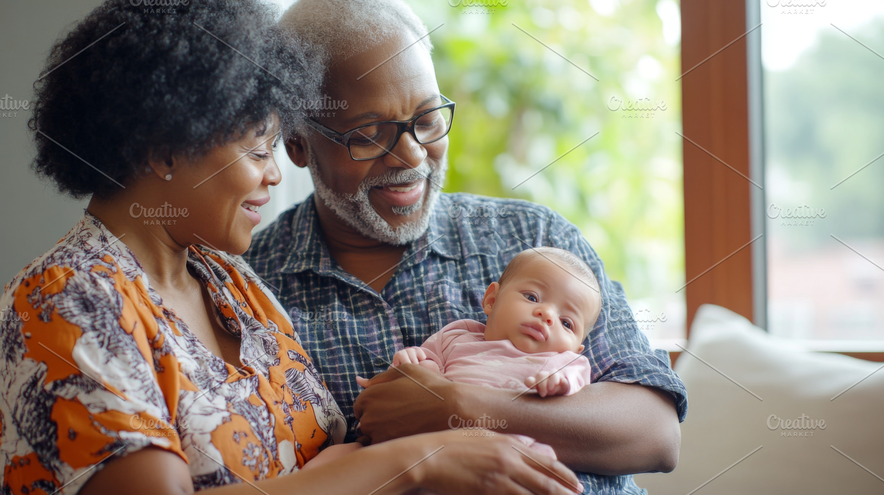 Elderly man and woman joyfully holding baby indoors, concept of, a Photo by Dvoevnore photos