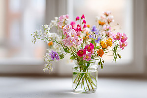 Brightly colored flowers in a simple jar on a windowsill during the day, a Photo by AlyaAnd