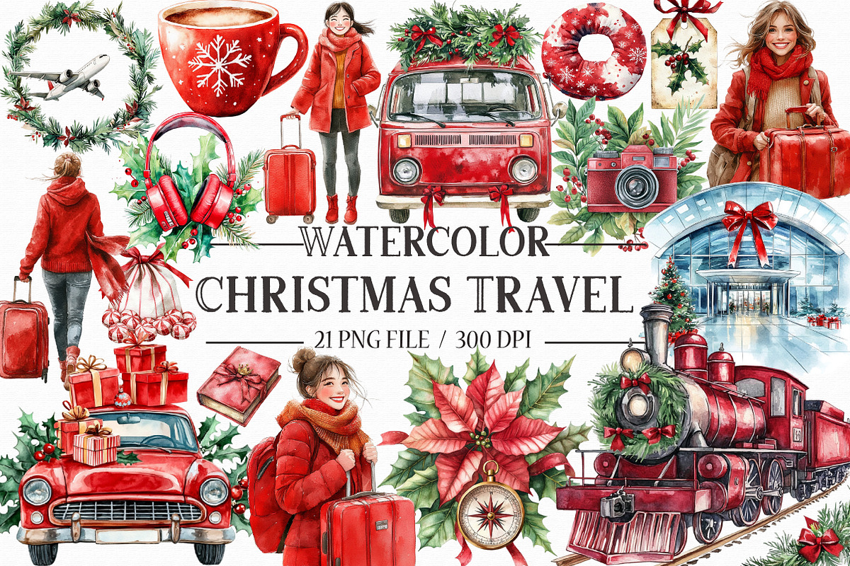Christmas Travel Watercolour Clipart, an Illustration by Libby Wishes (Photo 1 of 7)