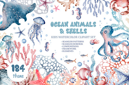 Watercolor Ocean Animals & Shells, an Animal Illustration by LENART
