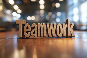 Word Teamwork by wooden letters on blurred office background, a Business Photo by AlyaAnd