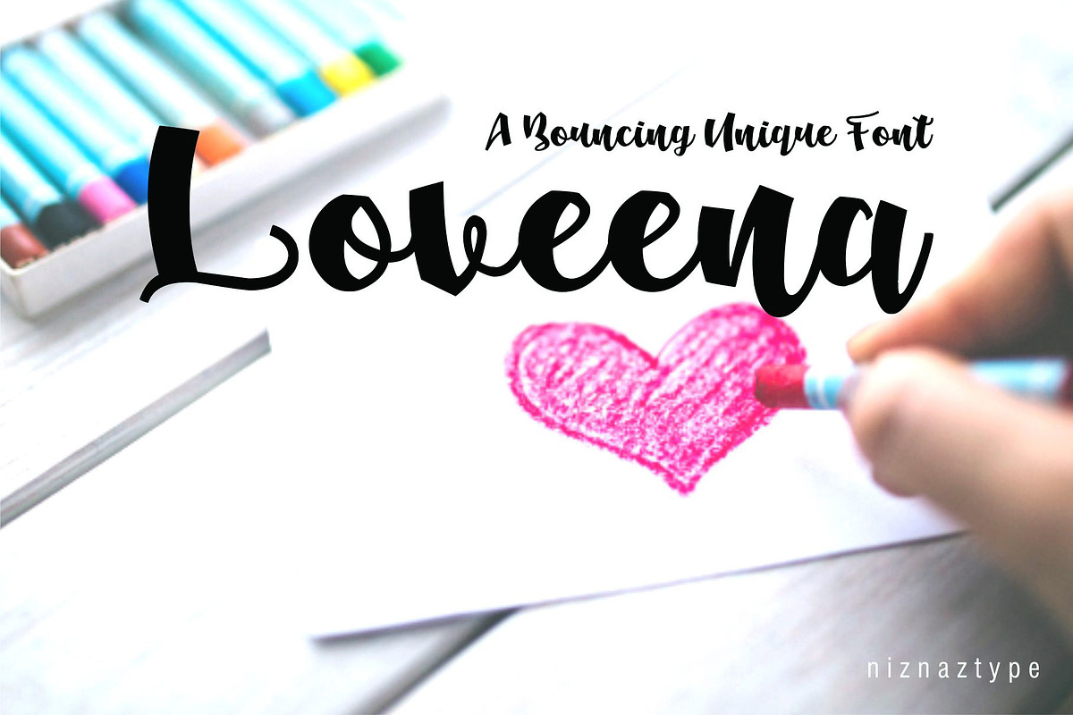 Loveena - A Script Bouncing Font, a Script Font by nIznaztype (Photo 1 of 6)
