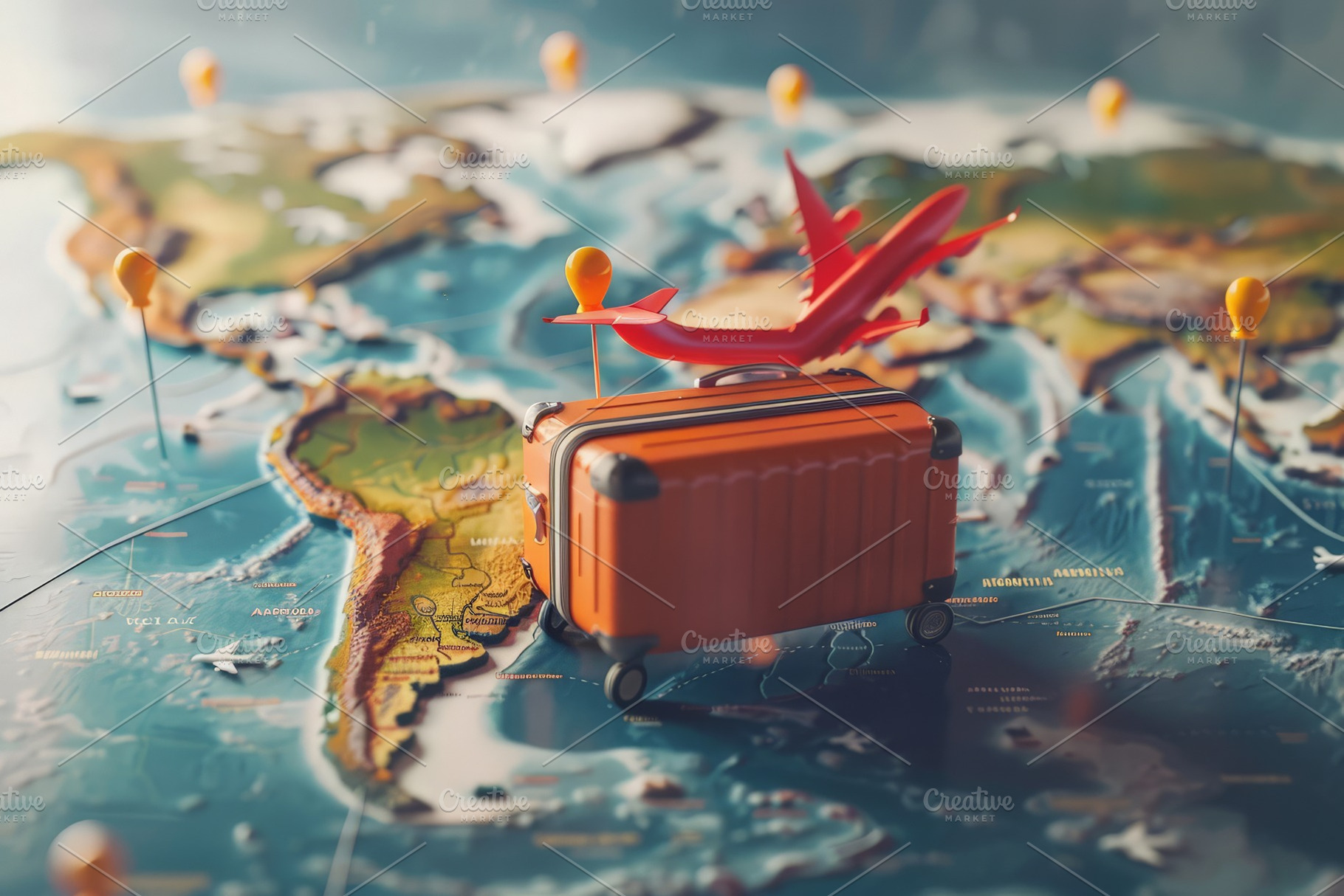 Suitcase and planes are flying in mi, a Transportation Photo by Pixeness Studio