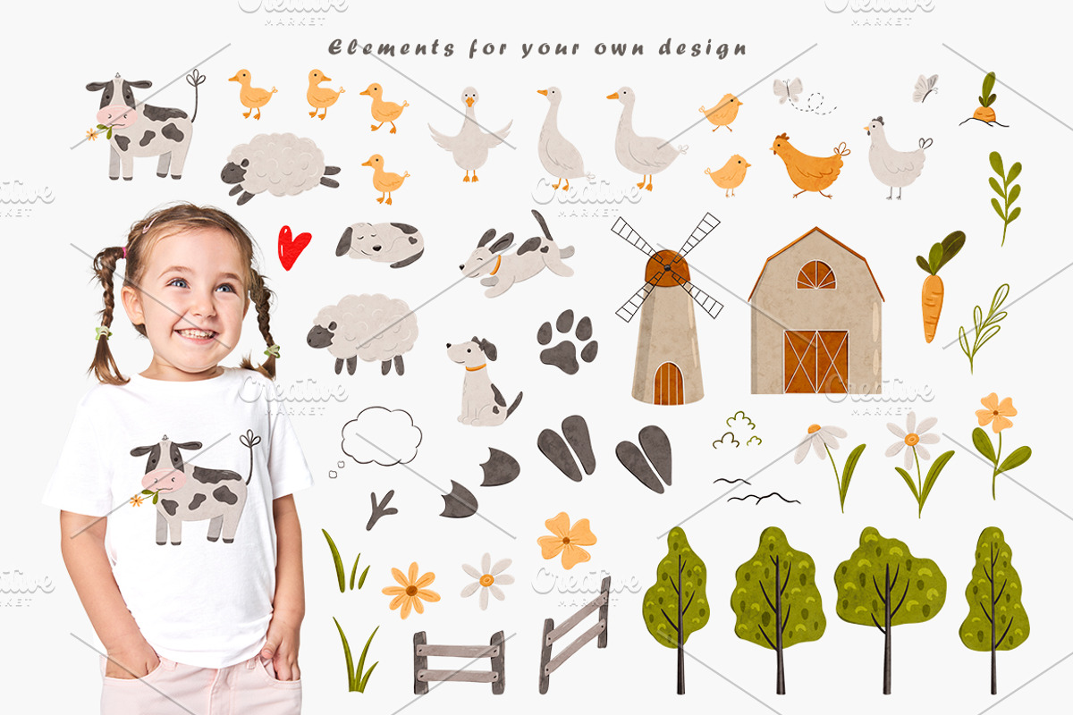 Cute Farm animal clipart and pattern, an Animal Illustration by Daryartsy (Photo 2 of 9)